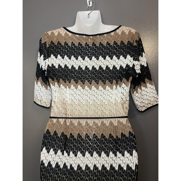 Dressbarn Dress Womens 4 Black Brown White Chevron Knit Belted Short Sleeve - Picture 5 of 9